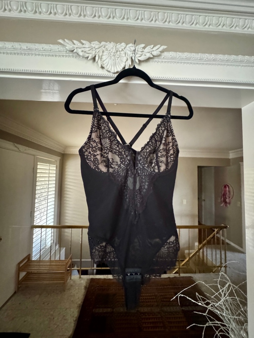 Popilush Black Lace deep v-neck Bodysuit Intimate thong Teddy
